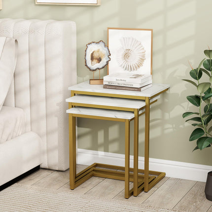 Dreamade Nesting Coffee Table Set of 3 Stackable Square End Table w/Faux Marble Tabletop & Heavy-Duty Metal Frame