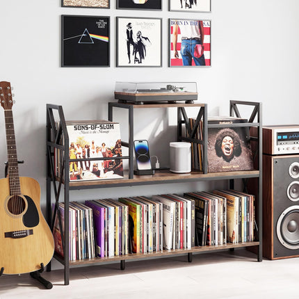 Dreamade Large Record Player Stand with Charging Station & Dividers for Albums