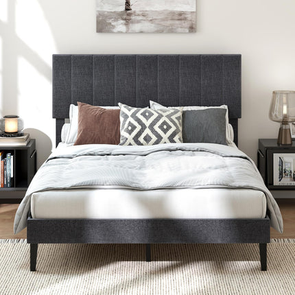Dreamade Queen/Full/Twin Size Upholstered Bed Frame Platform Bed with Height Adjustable Vertical Channel Headboard