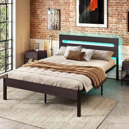 Dreamade Full Size LED Bed Frame with Charging Station Rustic Metal Platform Bed