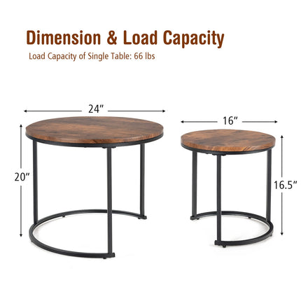 Nesting Coffee Table Set of 2, Round Stacking Side Tables w/Wooden Tabletop & Steel Frame