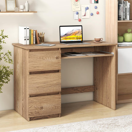 Dreamade Computer Desk with Power Outlet, Modern Office Desk with Keyboard Tray & 3 Large Drawers