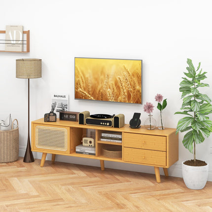 Dreamade Bamboo TV Stand for 55 60 65 Inch TV, PE Rattan Entertainment Center with Sliding Doors