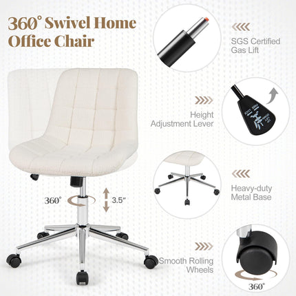Dreamade Armless Office Chair, Modern Faux Fur White Vanity Chair with Wheels & Adjustable Height