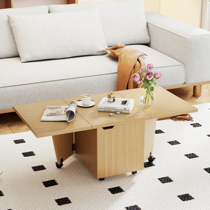 Dreamade Folding Coffee Table 48 Inch Drop Leaf Extendable Center Table with Storage Cabinet & Wheels