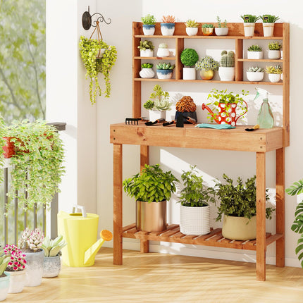 Dreamade Outside Solid Wood Potting Table with Flip-up Tabletop