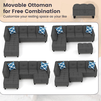 Dreamade 98 Inches Sectional Sofa Couch with Movable Storage Ottoman and Linen Fabric Backs