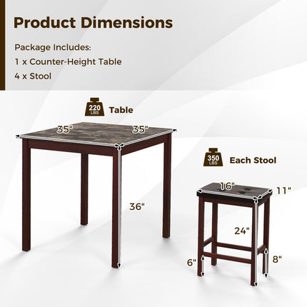 5-Piece Bar Table Set Counter-Height Dining Table and 4 Bar Stools-Brown & White
