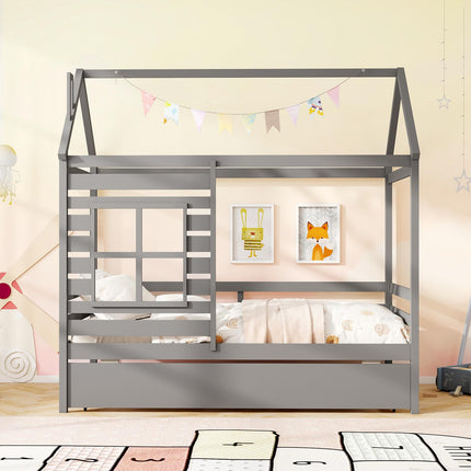 Dreamade Twin House Bed with Trundle Bed Twin, Wooden Twin Bed Frames with Roof, Chimney & Window