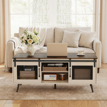 Dreamade 48" Farmhouse Coffee Table with Sliding Doors & Adjustable Shelf