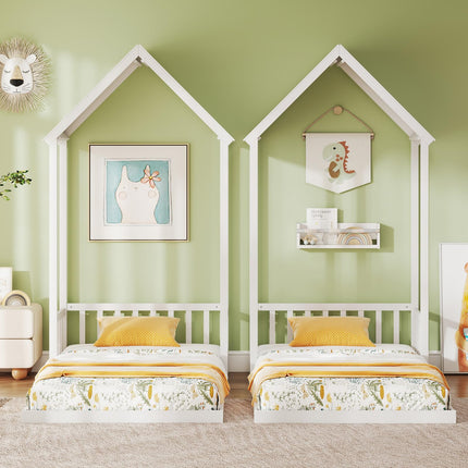 Dreamade Twin Size House Bed Montessori Floor Bed with House Shape Roof & Semi-Fence