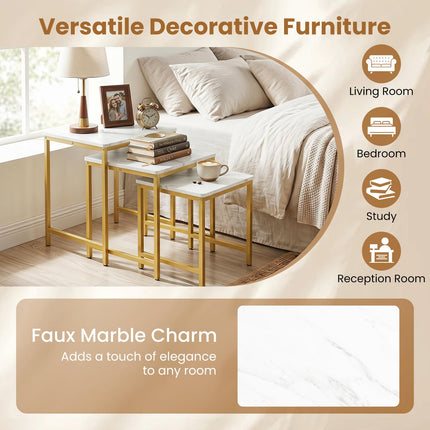 Dreamade Nesting Coffee Table Set of 3 | Faux Marble Coffee Table with Metal Frame