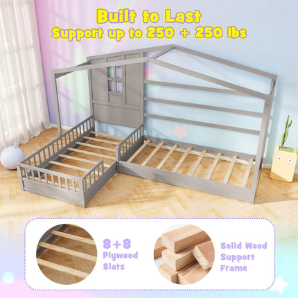 Dreamade Double Twin Beds for Kids, House L-Shaped Platform Beds with Window & Fences