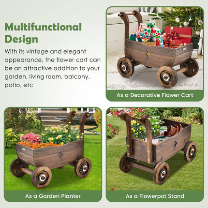 Dreamade Wooden Wagon Planter Raised Bed on Wheels, Handle, Drainage Hole