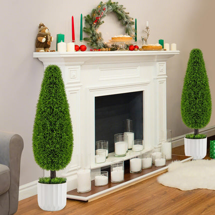 Dreamade 3ft Artificial Cedar Teardrop Shaped Topiary Tree, 2 Pack Faux Potted Plants with Plastic Nursery Pot