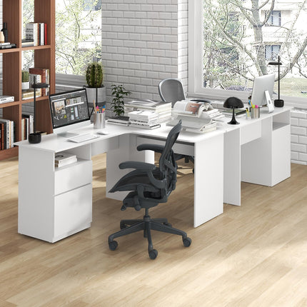 Dreamade L Shaped Computer Desk with Drawers, 59" Corner Desk Workstation with Storage Shelf & Cable Holes