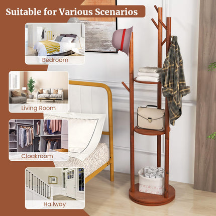 Dreamade Coat Rack Freestanding, Wooden Rotary Coat Tree w/ 3 Display Storage Shelves & 9 Hooks