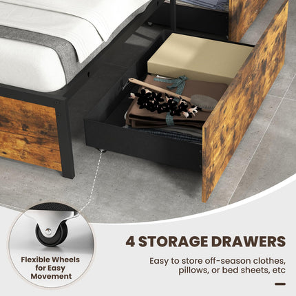 Dreamade Queen/Full/Twin Size LED Bed Frame with Charging Station, Metal Platform Bed with Upholstered Headboard & 4 Storage Drawers