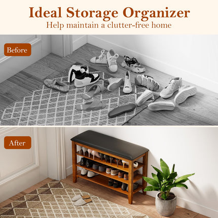 Dreamade 4-Tier Shoe Rack Bench | Rubber Wood Entryway Bench with Adjustable Shelves