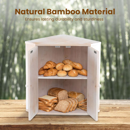 Dreamade Corner Bread Box for Kitchen Countertop | Bamboo Wood Storage Bin with 2-Tier Pantry Shelves