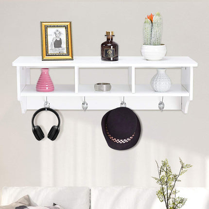 Dreamade Hanging Shelf with Hooks Wall Mount Cubby Organizer with 4 Dual Hooks and Storage for Entryway