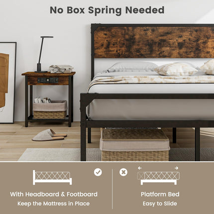 Dreamade Full Size Bed Frame with Rustic Headboard & Footboard, Strong Metal Slat Support Mattress Foundation