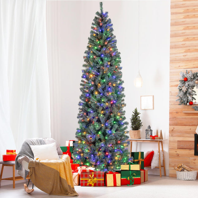 Dreamade 9ft Pre-Lit Blue Slim Pencil Christmas Tree with 500 Warm White & Multicolored LED Lights, 9 Modes, 1168 Branch Tips