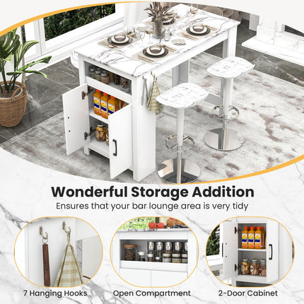 Dreamade Bar Table, 47” Counter Height Dining Table with 7 Hanging Hooks, Compartment, Cabinet & Adjustable Shelf