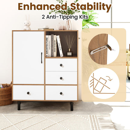 Dreamade Storage Cabinet with 4 Drawers Door & Open Compartment, Metal Support Legs