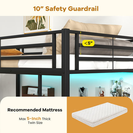Dreamade Twin Loft Bed with L-Shaped Desk, Metal Loft Bed Frame with LED Lights