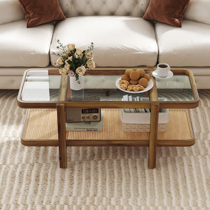 Dreamade Rattan Coffee Table, 47.5" Rectangle Solid Wood Tea Table w/Tempered Glass Tabletop