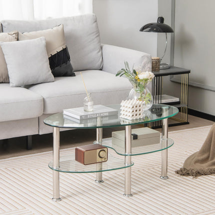 Dreamade Oval Glass Coffee Table - 3-Tier Transparent Tempered Glass Center Table with Metal Stand, 35"× 20" ×18"