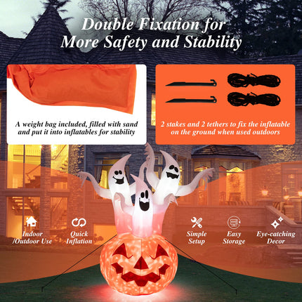 DREAMADE 6FT Lighted Halloween Inflatable Pumpkin & 3 Ghosts Combo