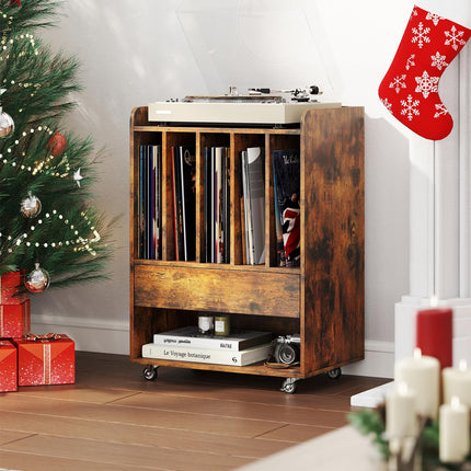 Dreamade Record Player Stand Rolling Turntable Stand with Drawer & Lockable Wheels
