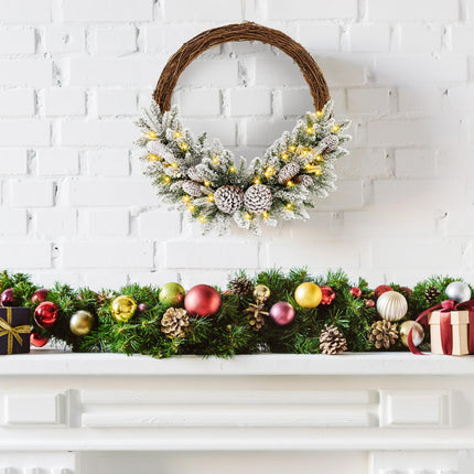 Dreamade 24” Pre-Lit Artificial Christmas Wreath, Snow Flocked Xmas Wreath with 35 Battery Operated Warm White LED Lights