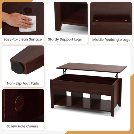 Dreamade Lift Top Coffee Table - Rectangular Wooden Table w/Hidden Compartment & Open Storage Shelves