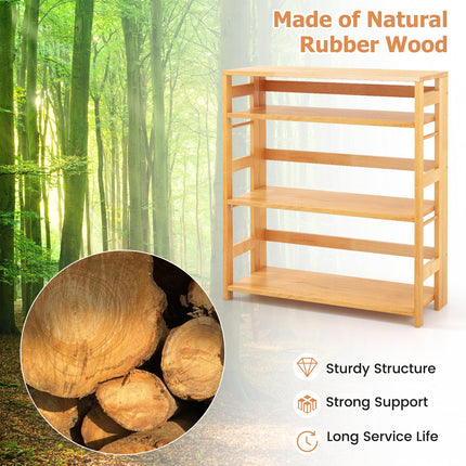 Dreamade 4-Tier Bookshelf, 34.5" Floor Storage Shelf w/Rubber Wood Frame, Anti-Toppling Kits, Side Fences