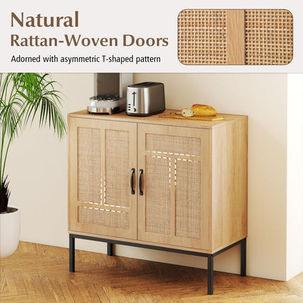 Dreamade Sideboard Cabinet Boho Rattan Buffet Cabinet with Storage Adjustable Shelves 2 Doors