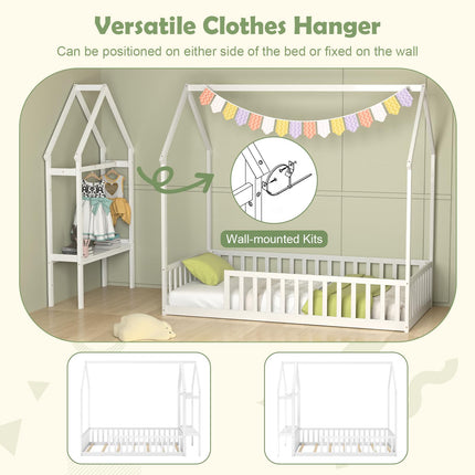 Dreamade Twin House Floor Bed, Solid Wood Montessori Floor Bed with Detachable Storage Shelf & Clothes Hanger
