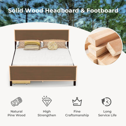 Dreamade Wood Full Size Bed Frame with 2 Storage Drawers, Solid Wood Platform Bed with Headboard