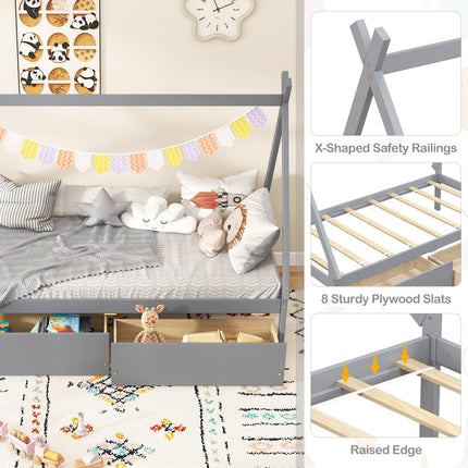Dreamade Twin Bed Frame with 2 Storage Drawers, Wood House Tent Platform Bed Frame with Triangle Structure