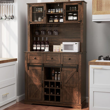 Dreamade 72" Farmhouse Coffee Bar Cabinet w/Glass Doors & Wine Racks