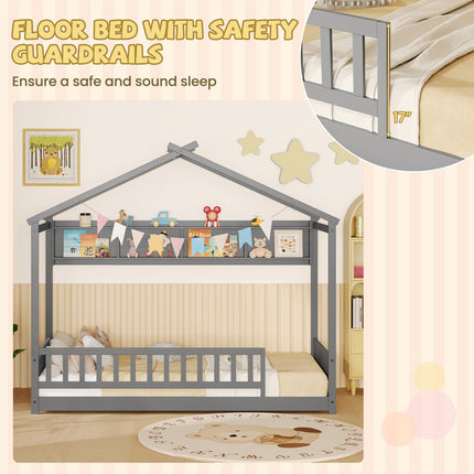 Dreamade Twin Floor House Bed with Storage Shelf, Wood Twin Bed Frames with Headboard & Guardrail