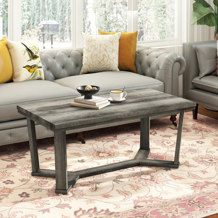 Dreamade Farmhouse Wood Coffee Table with Cross-Shaped Base & Rubber Wood Frame