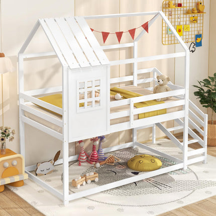 Dreamade Twin Bunk Beds with Stairs, Floor House Bed with Roof & Window
