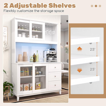 Dreamade 73" Kitchen Pantry Storage Cabinet, Hutch Cabinet with LED Lights & Power Outlet, Kitchen Buffet Cabinet w/Wine Glass Racks