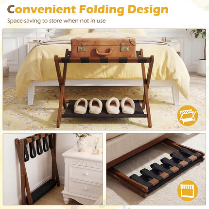 Dreamade Folding Luggage Rack | Solid Rubber Wood Suitcase Stand with Storage Shelves