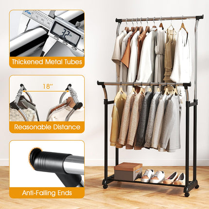 Dreamade Double Rod Clothing Rack with Adjustable Height & Wheels