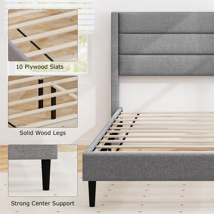 Dreamade Queen/Twin Size Bed Frame, Modern Linen Upholstered Platform Bed with Wingback Headboard
