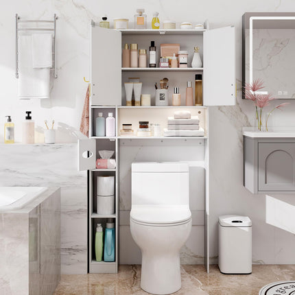 Dreamade Over The Toilet Storage Cabinet with LED Light Doors Toilet Paper Holder